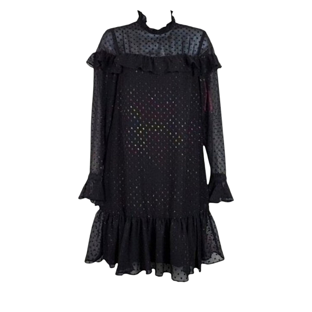 Betsey Johnson Womens Long Sleeve Black Shimmer Ruffle Shift Mini Dress Size 0 - Picture 1 of 9